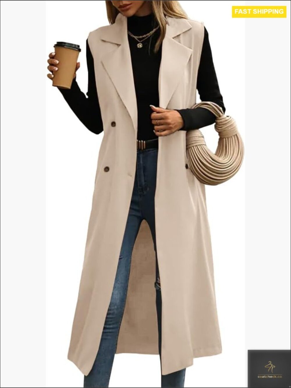 Long Sleeveless Trench Vest Classic Fit Double Breasted Casual Office Wear